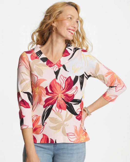 Chico's Pima Cotton 3/4 Sleeve Tee Folkloric Red
