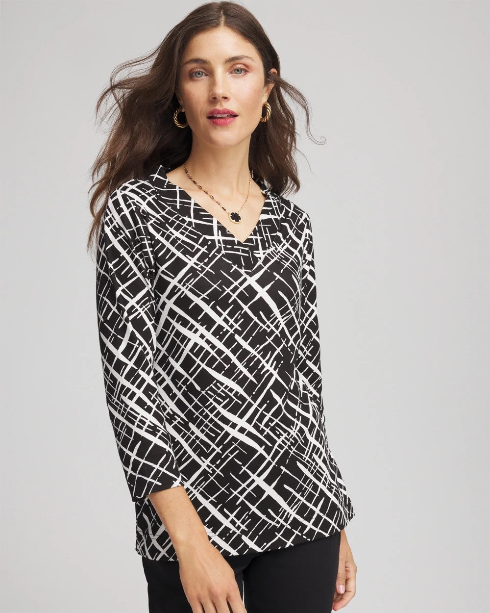 Chico's Printed Pima 3/4 Sleeve Tee Black