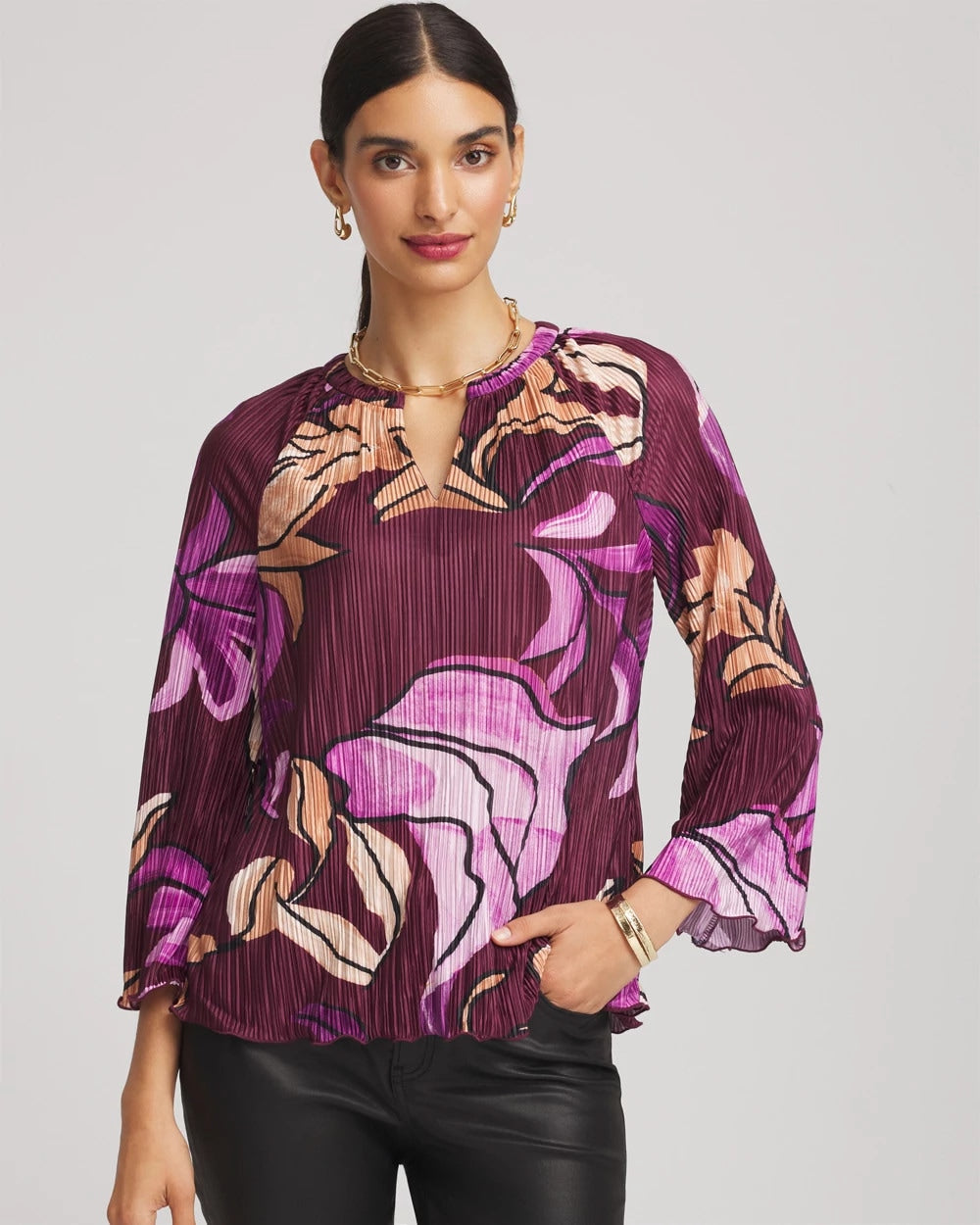 Chico's Printed Pleated V-Neck Tee Deep Chianti