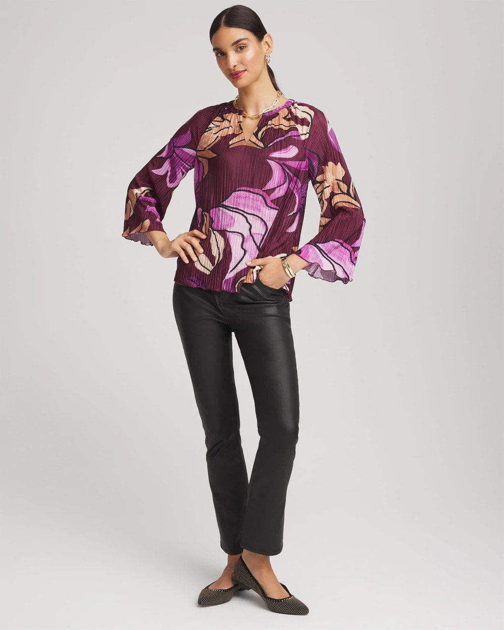 Chico's Printed Pleated V-Neck Tee Deep Chianti