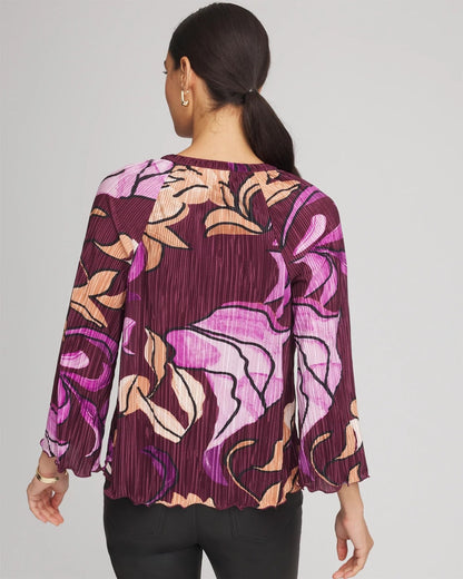 Chico's Printed Pleated V-Neck Tee Deep Chianti
