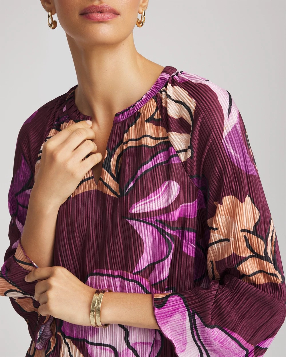 Chico's Printed Pleated V-Neck Tee Deep Chianti