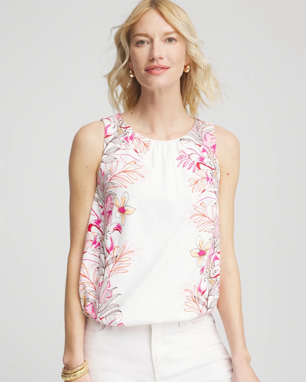 Chico's Tropical Floral Bubble Hem Tee Alabaster