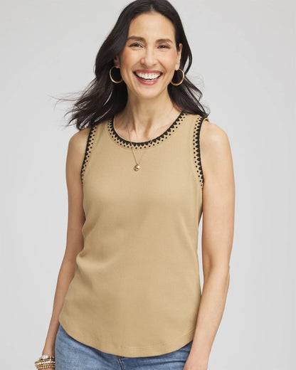 Chico's Contrast-Trim Ribbed Cotton Tank Top Cafe Aroma