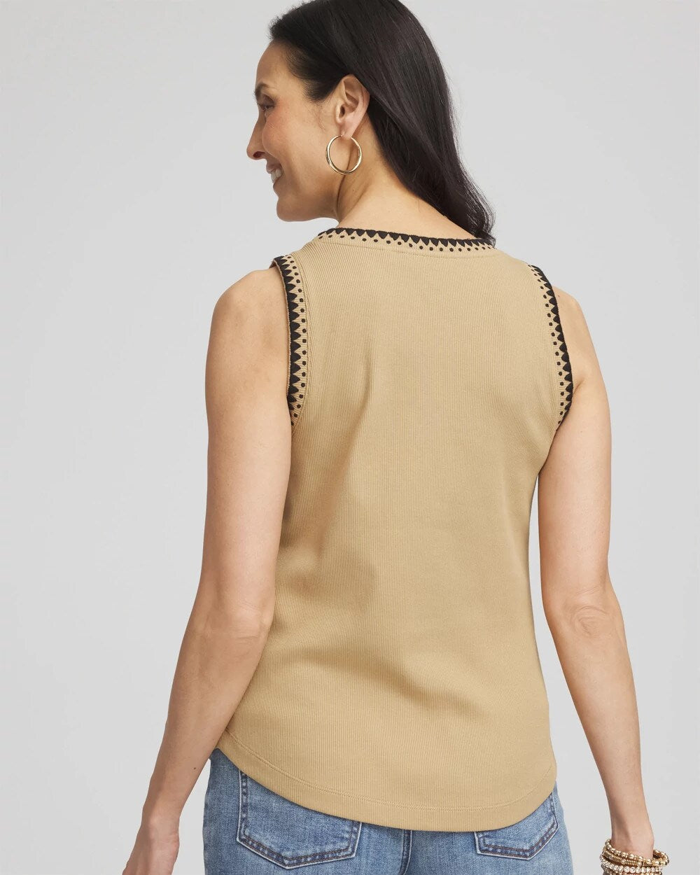 Chico's Contrast-Trim Ribbed Cotton Tank Top Cafe Aroma