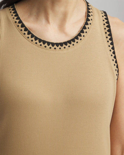 Chico's Contrast-Trim Ribbed Cotton Tank Top Cafe Aroma