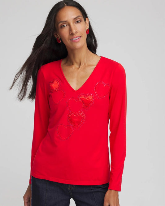 Chico's Embellished Heart V-Neck Tee Love Letter Red