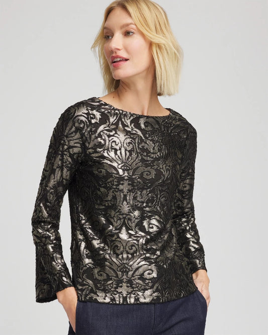 Chico's Art Deco Burnout Jacquard Top Black