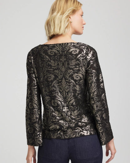 Chico's Art Deco Burnout Jacquard Top Black