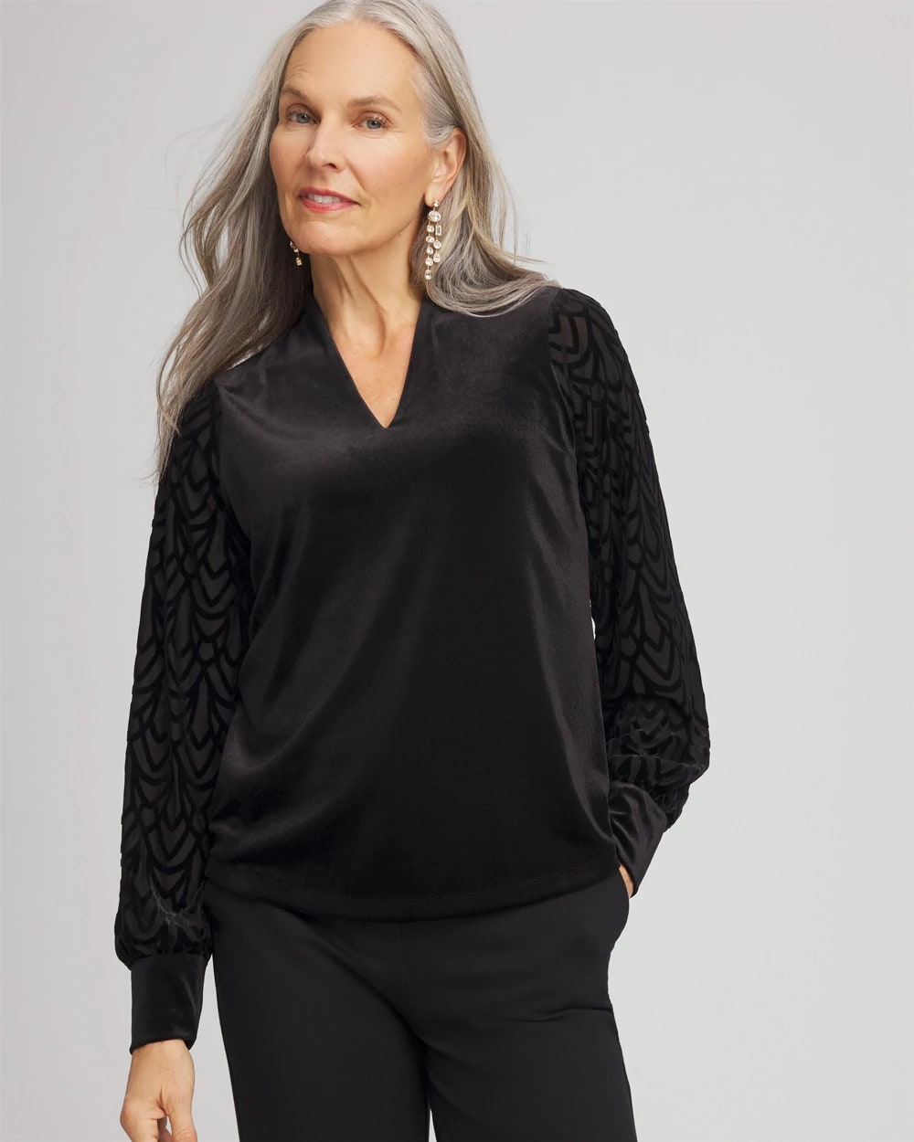 Chico's Art Deco Velvet Burnout Top Black