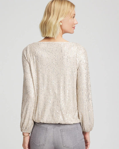 Chico's Drizzled Sequins Bubble-Hem Top Champagne Fizz
