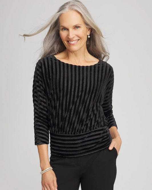 Chico's Velvet Burnout Stripe Banded-Bottom Top Black