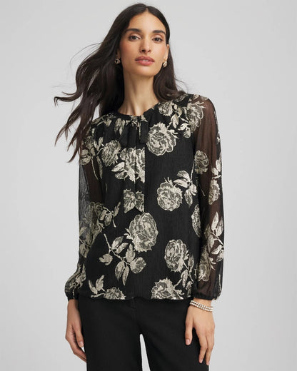 Chico's Floral Metallic Bodre Top Black