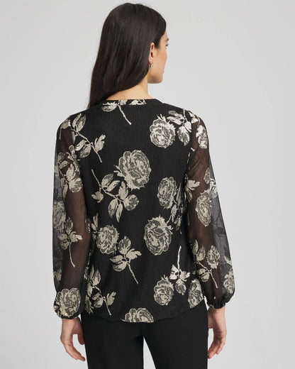 Chico's Floral Metallic Bodre Top Black