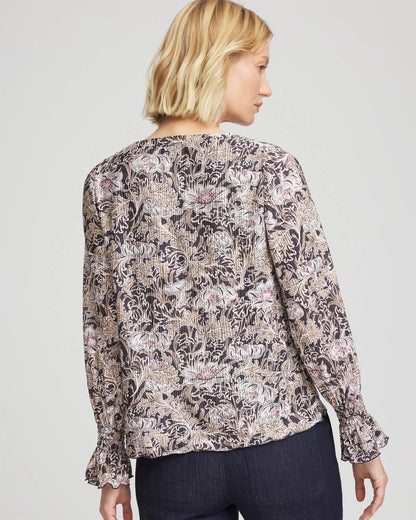Chico's Bloom Crinkle Bodre Top Graphite Gray