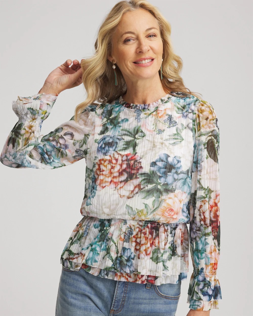 Chico's Rose Print Crinkle Top Ecru