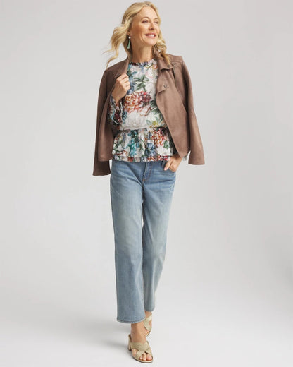 Chico's Rose Print Crinkle Top Ecru