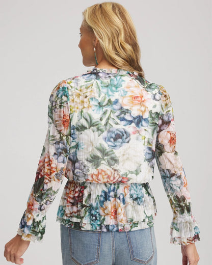 Chico's Rose Print Crinkle Top Ecru