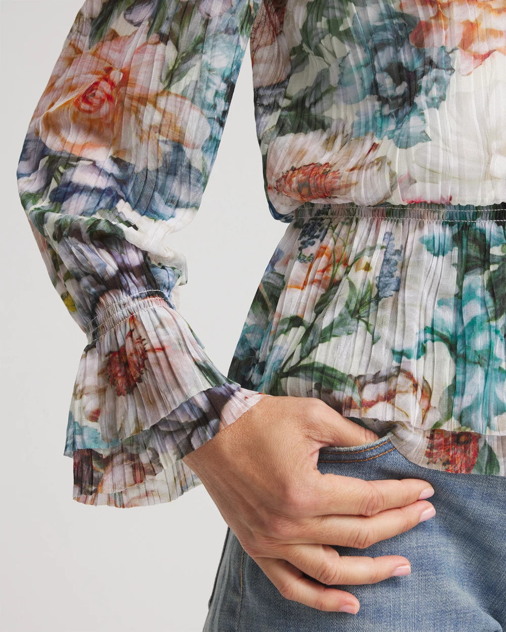 Chico's Rose Print Crinkle Top Ecru