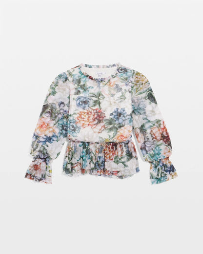 Chico's Rose Print Crinkle Top Ecru