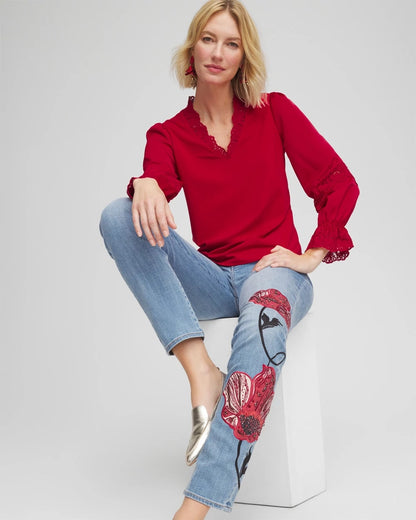 Chico's Lace V-Neck Top Carmine Red