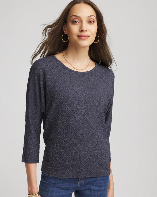 Chico's Textured Denim-Motif Tapered-Hem Top Denim