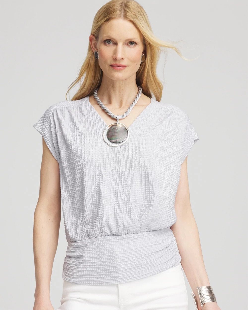 Chico's Foiled Knit Banded Bottom Top Dove Gray