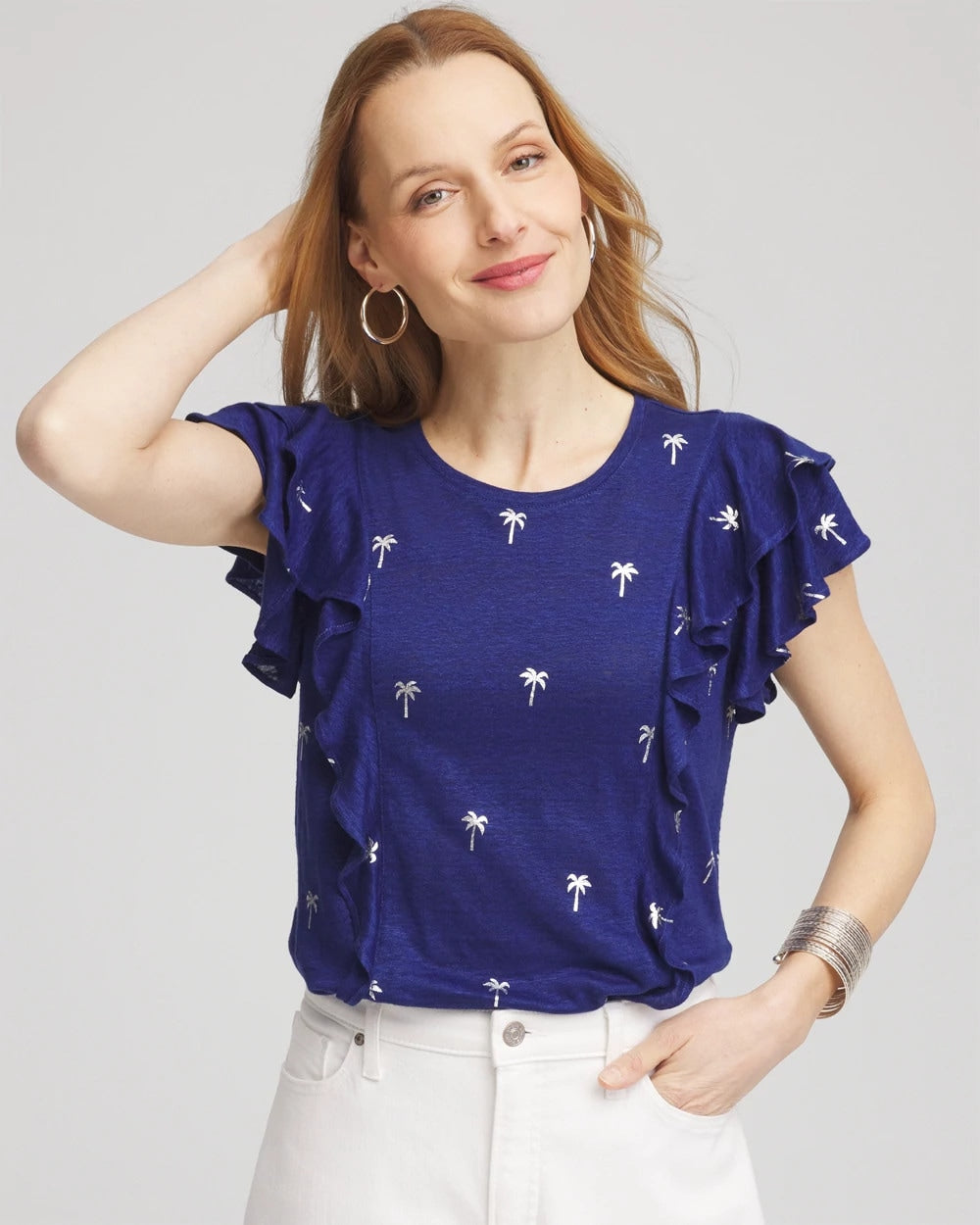 Chico's Foiled Flutter-Sleeve Linen Tee Blue Casa