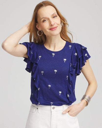 Chico's Foiled Flutter-Sleeve Linen Tee Blue Casa