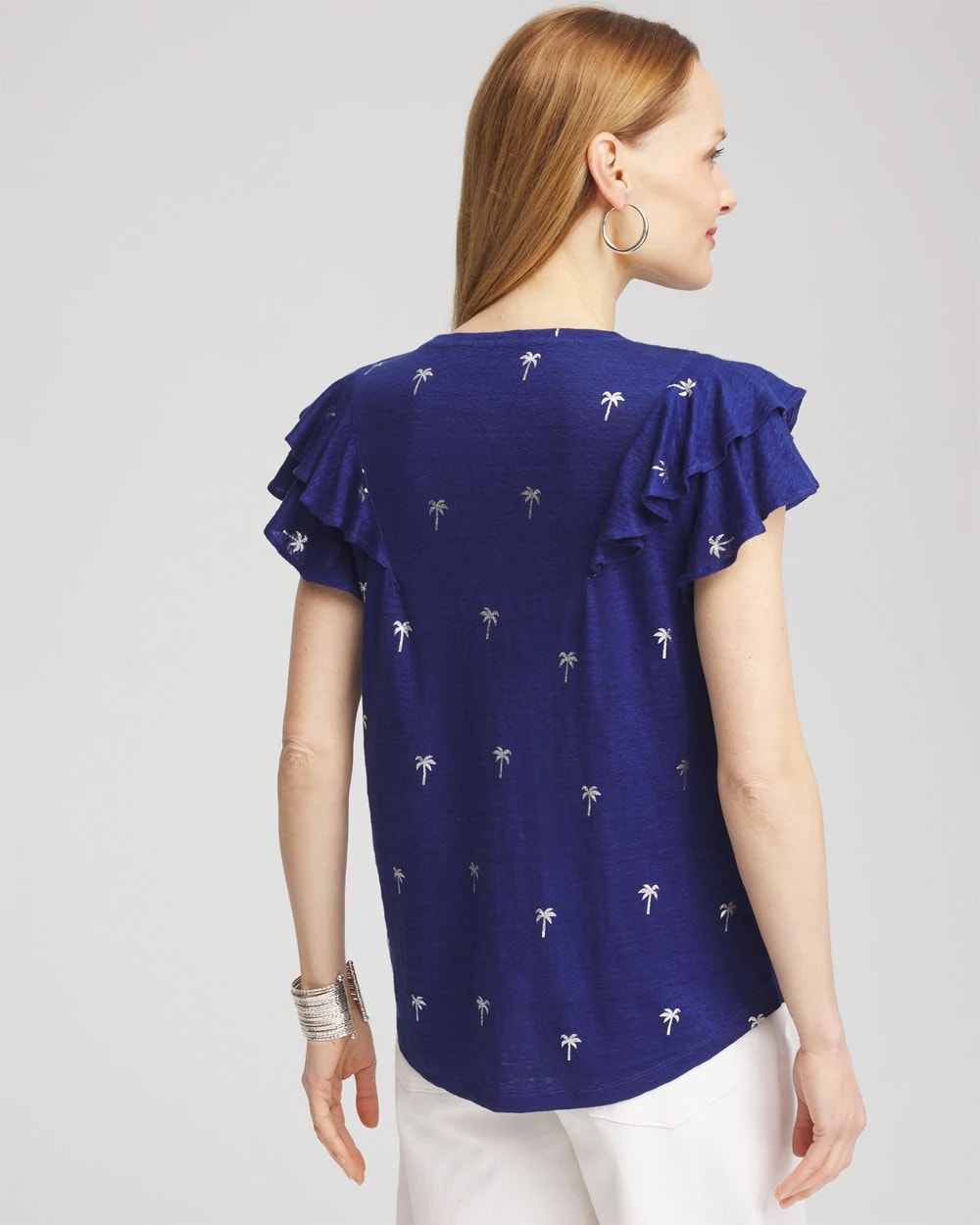 Chico's Foiled Flutter-Sleeve Linen Tee Blue Casa