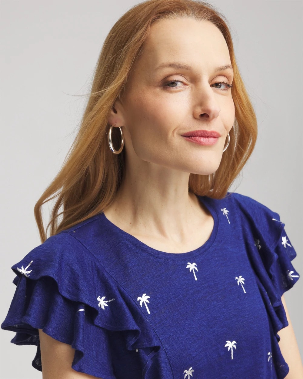 Chico's Foiled Flutter-Sleeve Linen Tee Blue Casa