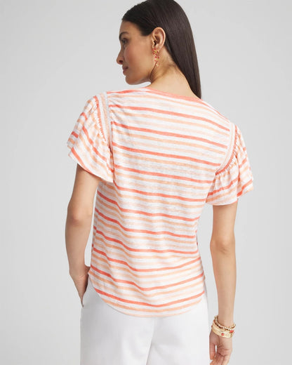 Chico's Striped Linen Smocked Flutter-Sleeved Tee Melon Mambo