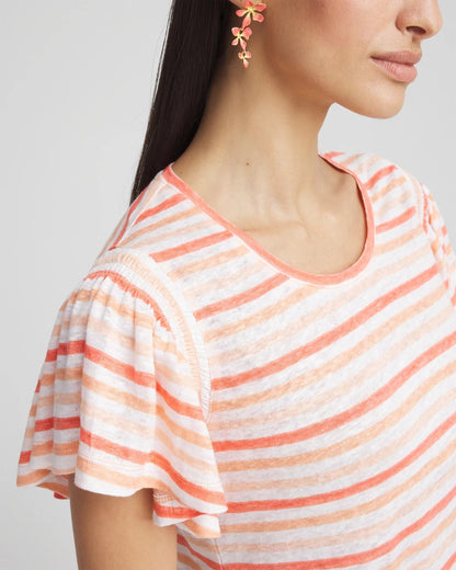 Chico's Striped Linen Smocked Flutter-Sleeved Tee Melon Mambo