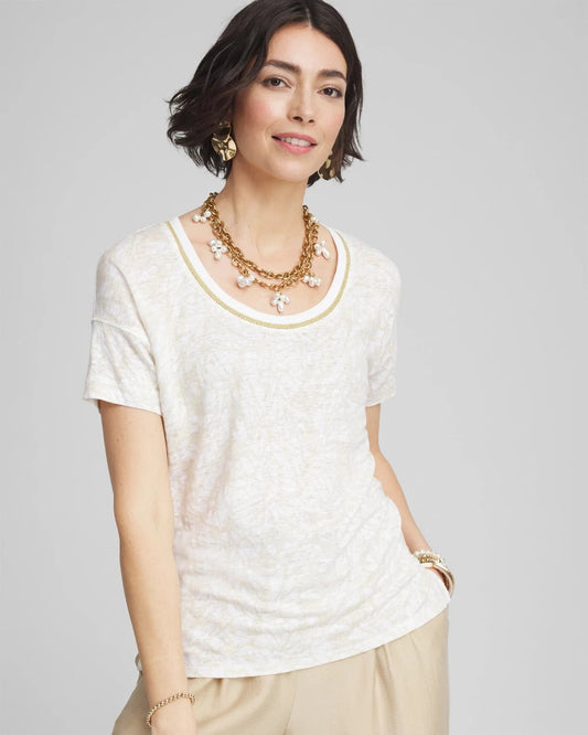 Chico's Printed Sweater Trim Linen Tee River Rock