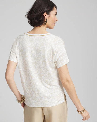 Chico's Printed Sweater Trim Linen Tee River Rock