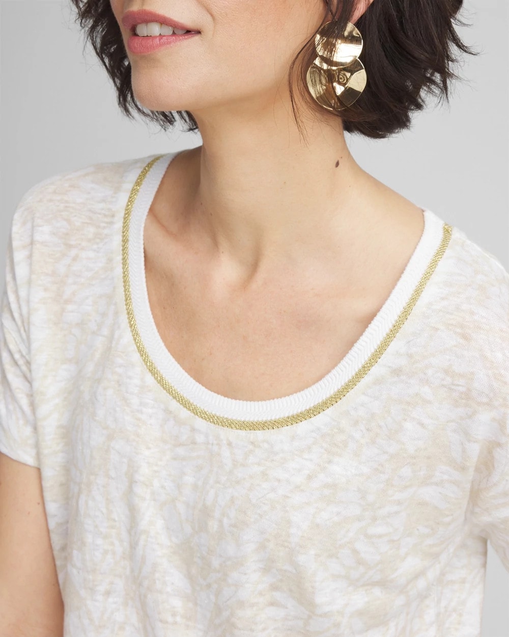 Chico's Printed Sweater Trim Linen Tee River Rock