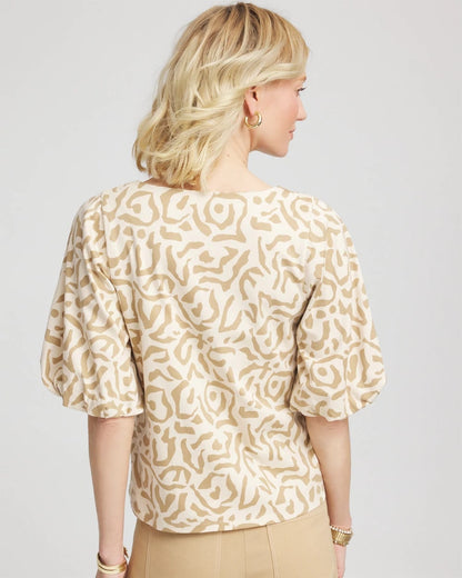 Chico's Animal Print Bubble Sleeve Top Glistening Sand