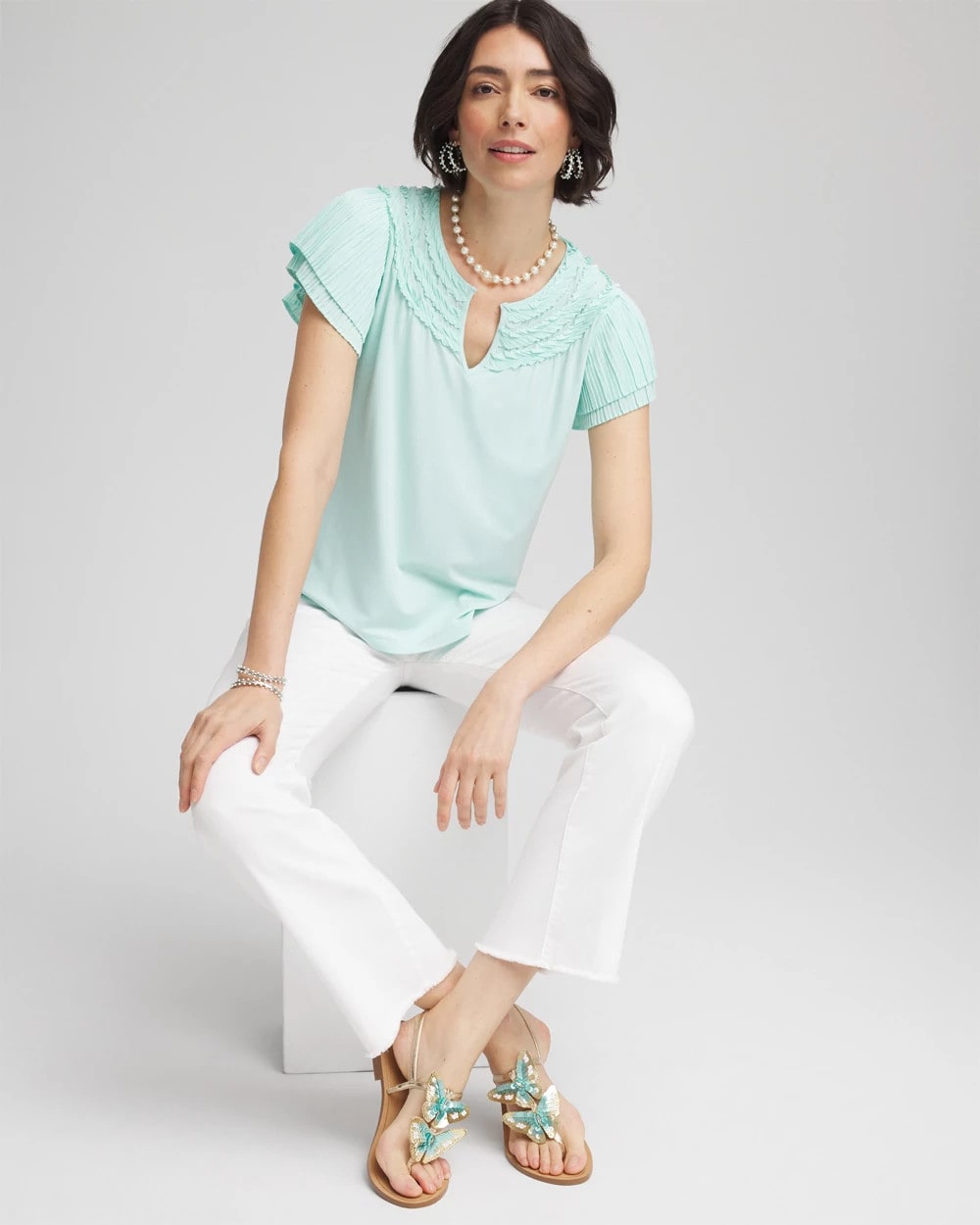 Chico's Touch of Cool™ Layered Pleated Flutter Tee Teal Waters