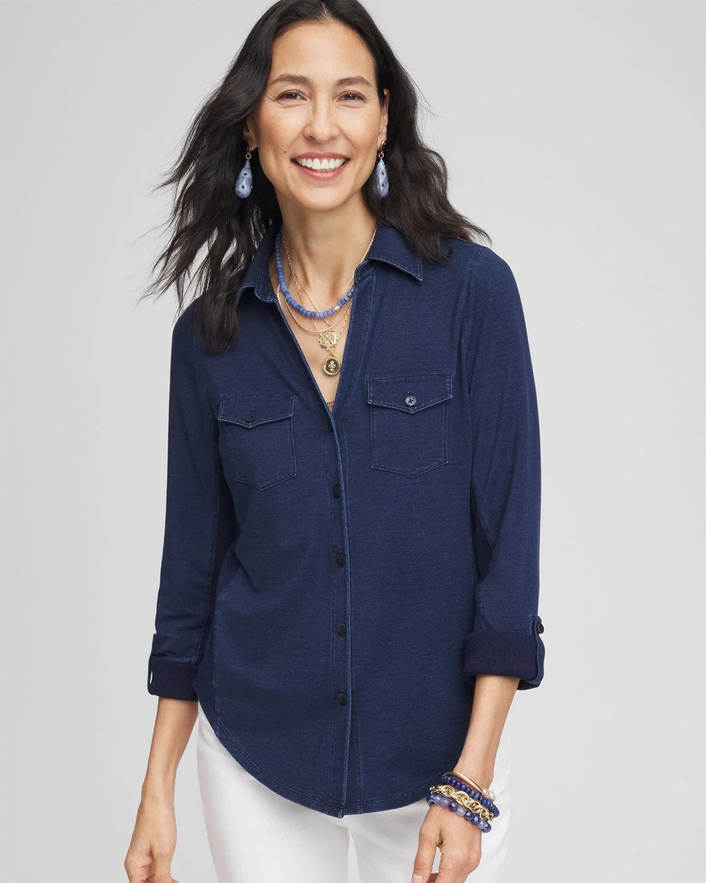 Chico's Collared Henley Top Riviera Authentic