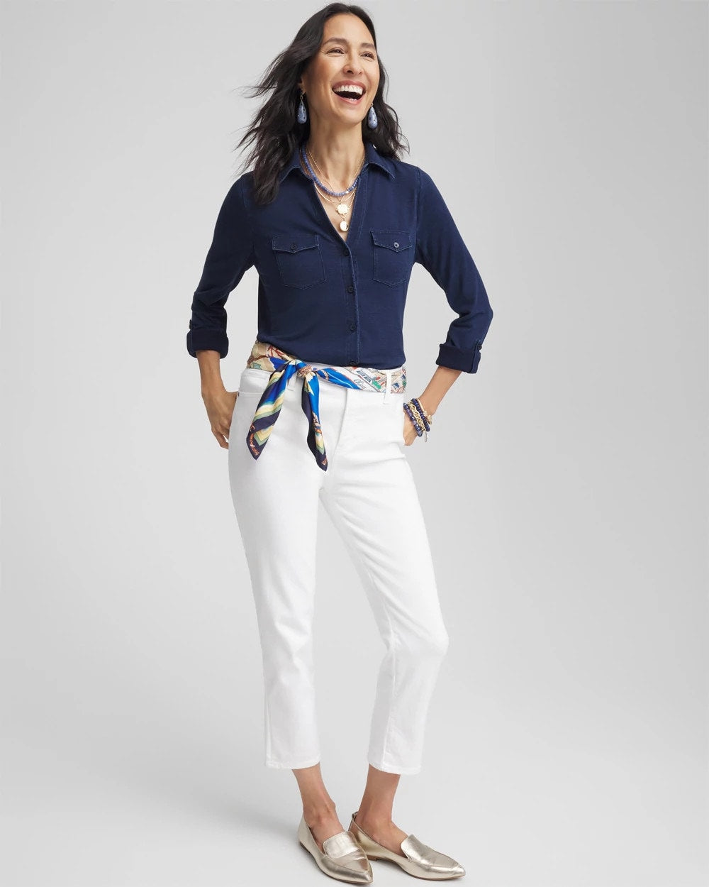 Chico's Collared Henley Top Riviera Authentic