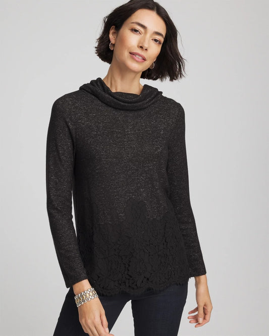 Chico's Lace Hem Cowlneck Top Black
