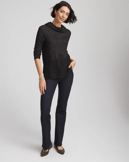 Chico's Lace Hem Cowlneck Top Black