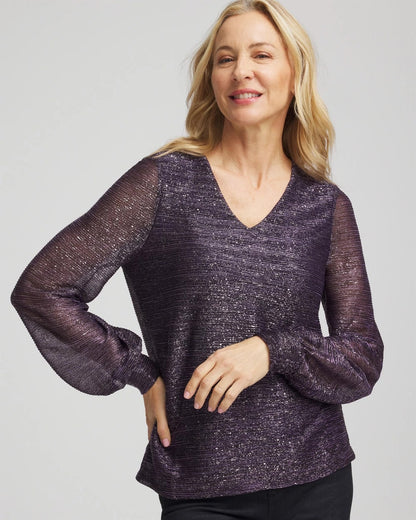 Chico's Foiled Bodre Top Purple Elixir
