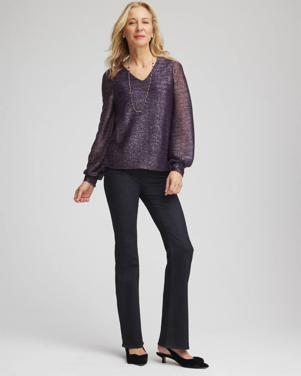 Chico's Foiled Bodre Top Purple Elixir