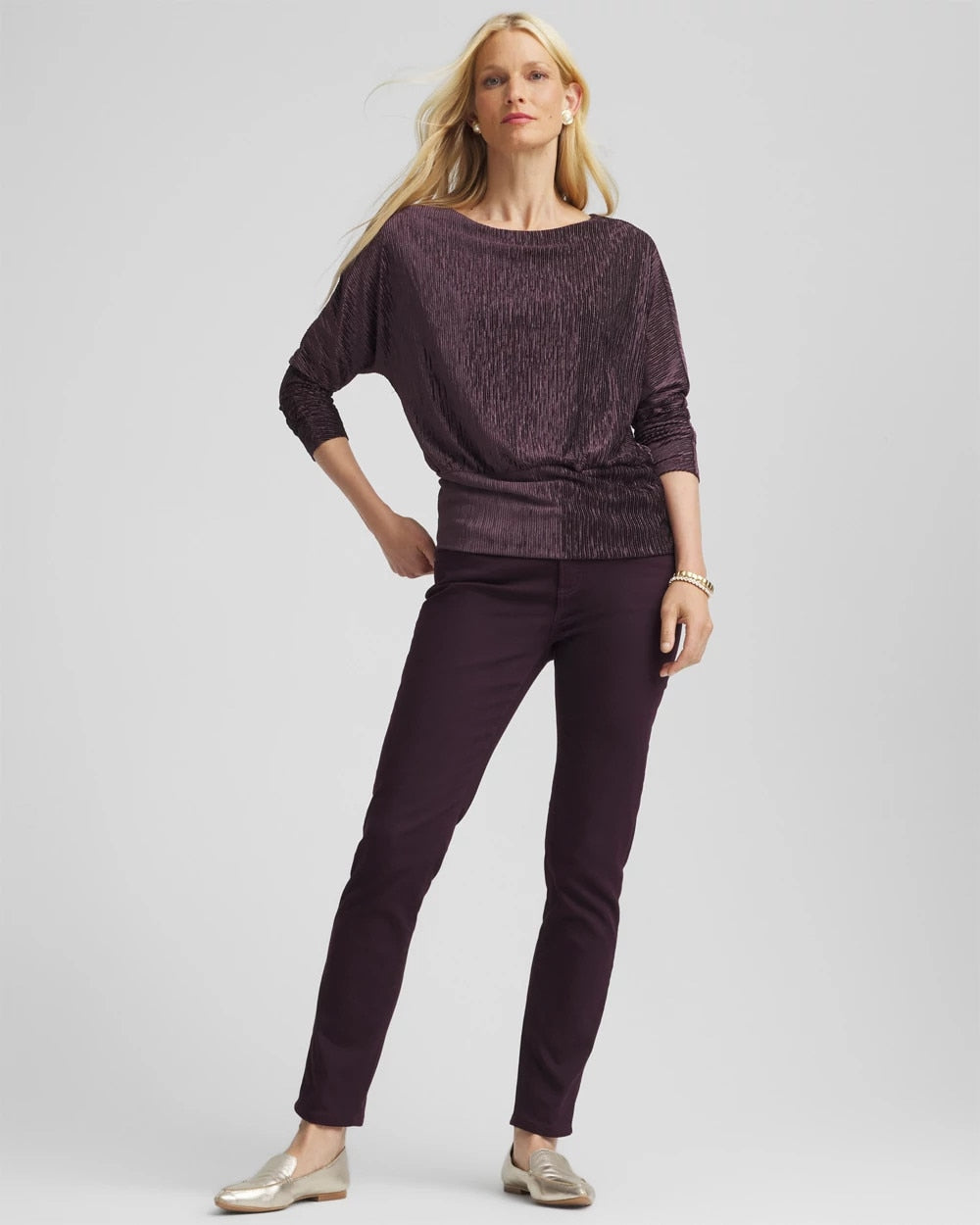Chico's Crinkle Velvet Banded-Bottom Top Night Bloom