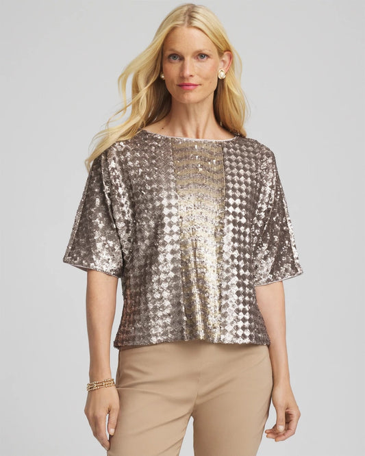 Chico's Art Deco Dolman Sequins Tee Gold