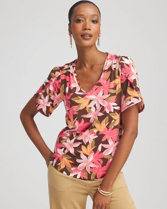 Chico's Floral Petal-Sleeve Voop Neck Tee Cacao