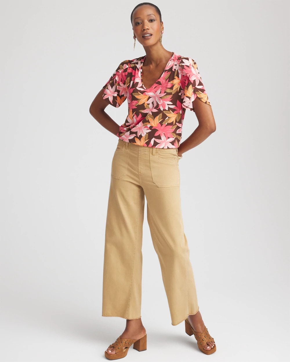 Chico's Floral Petal-Sleeve Voop Neck Tee Cacao