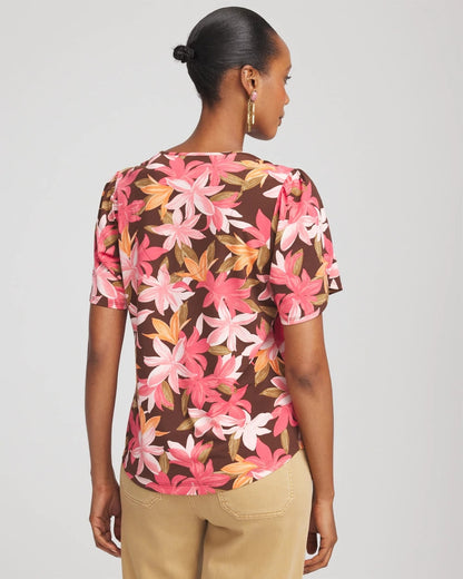 Chico's Floral Petal-Sleeve Voop Neck Tee Cacao