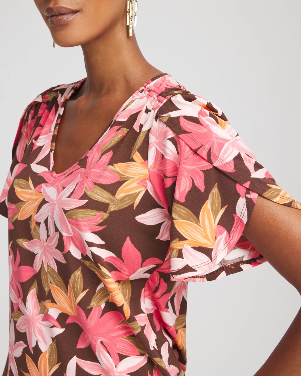 Chico's Floral Petal-Sleeve Voop Neck Tee Cacao